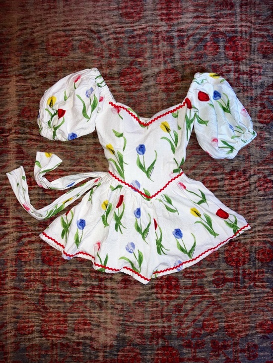 Fashion Brand Company Pants - Fashion Brand Company limited edition tulip print linen Romper with Rickrack